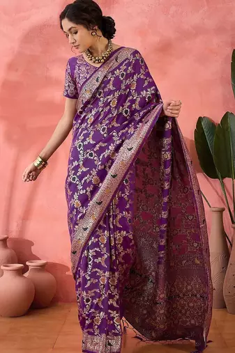 Purple woven design banarasi saree with blouse piece
