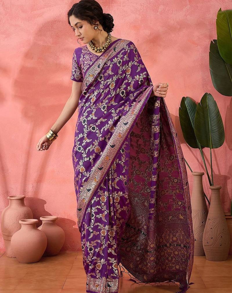 Purple woven design banarasi saree with blouse piece