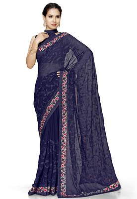Designer navy blue heavy resham embroidery work georgette saree 5
