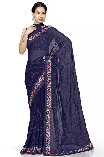 Designer navy blue heavy resham embroidery work georgette saree