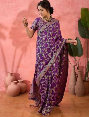 Purple woven design banarasi saree with blouse piece 2