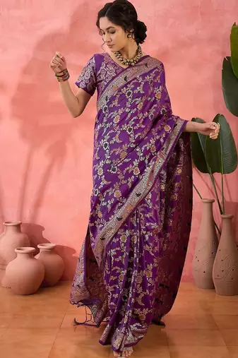 Purple woven design banarasi saree with blouse piece