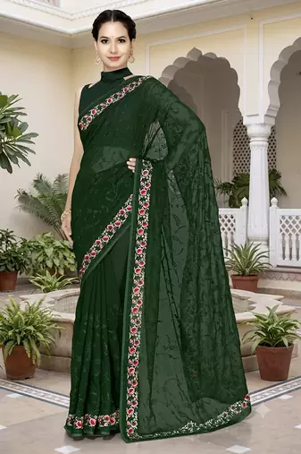 Designer bottle green heavy resham embroidery work georgette saree