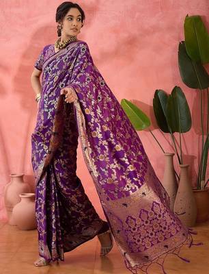 Purple woven design banarasi saree with blouse piece 3