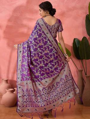 Purple woven design banarasi saree with blouse piece 4