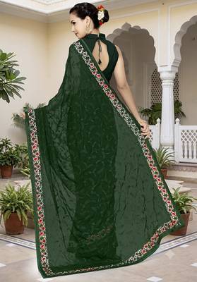 Designer bottle green heavy resham embroidery work georgette saree 2