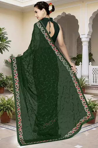 Designer bottle green heavy resham embroidery work georgette saree