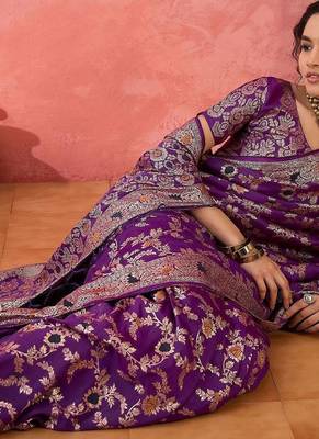 Purple woven design banarasi saree with blouse piece 5