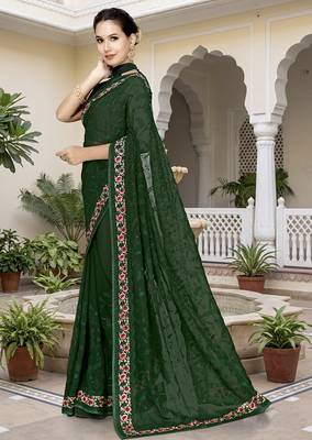 Designer bottle green heavy resham embroidery work georgette saree 3