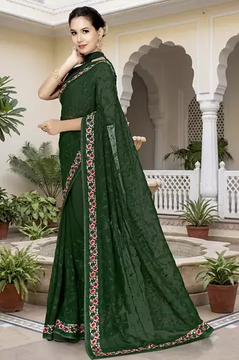 Designer bottle green heavy resham embroidery work georgette saree