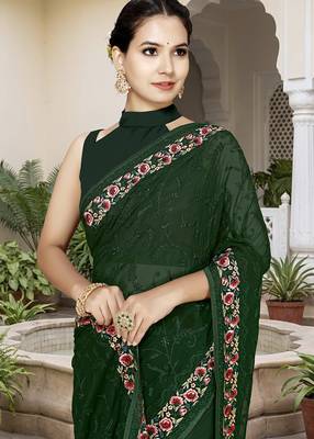 Designer bottle green heavy resham embroidery work georgette saree 4