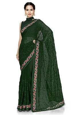 Designer bottle green heavy resham embroidery work georgette saree 5