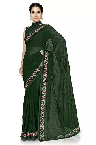 Designer bottle green heavy resham embroidery work georgette saree