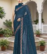Designer teal blue heavy resham embroidery work georgette saree