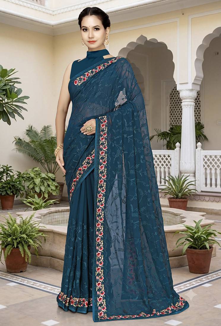 Designer teal blue heavy resham embroidery work georgette saree