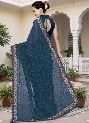Designer teal blue heavy resham embroidery work georgette saree 2