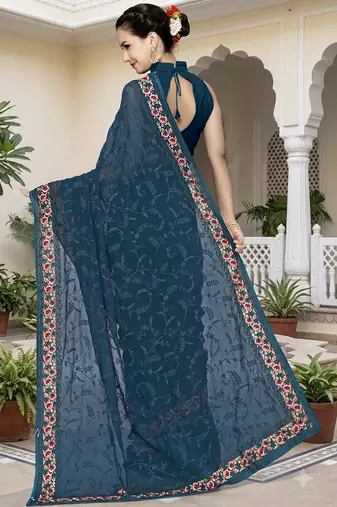 Designer teal blue heavy resham embroidery work georgette saree