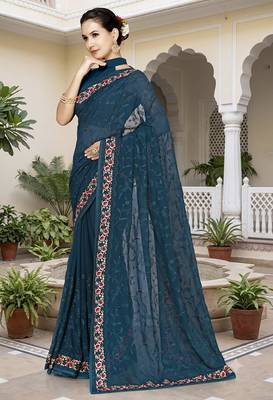 Designer teal blue heavy resham embroidery work georgette saree 3