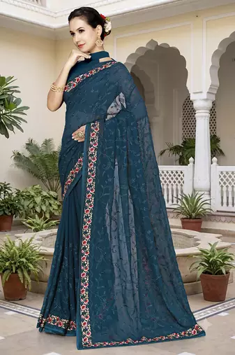 Designer teal blue heavy resham embroidery work georgette saree
