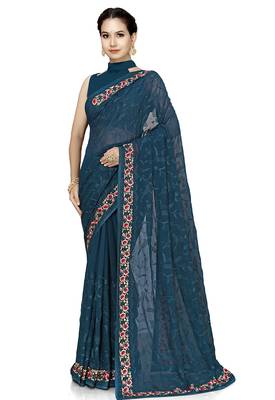 Designer teal blue heavy resham embroidery work georgette saree 5