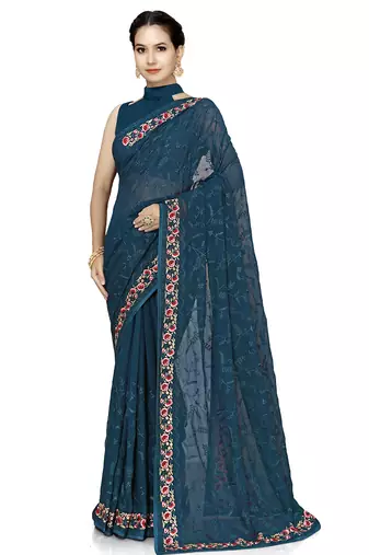 Designer teal blue heavy resham embroidery work georgette saree
