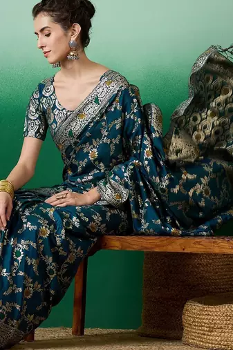 Teal ethnic motif zari woven kanjeevaram saree with blouse