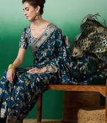 Teal ethnic motif zari woven kanjeevaram saree with blouse