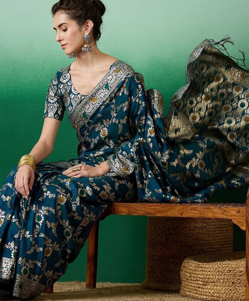 Teal ethnic motif zari woven kanjeevaram saree with blouse