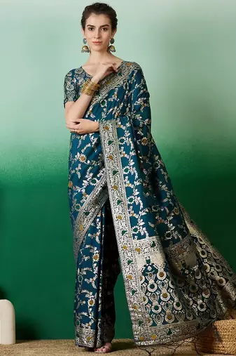 Teal ethnic motif zari woven kanjeevaram saree with blouse