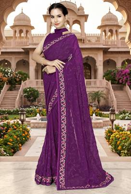 Designer wine heavy resham embroidery work georgette saree 1