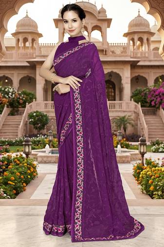 Designer wine heavy resham embroidery work georgette saree