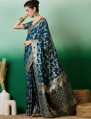 Teal ethnic motif zari woven kanjeevaram saree with blouse 3