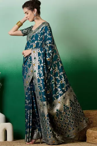 Teal ethnic motif zari woven kanjeevaram saree with blouse