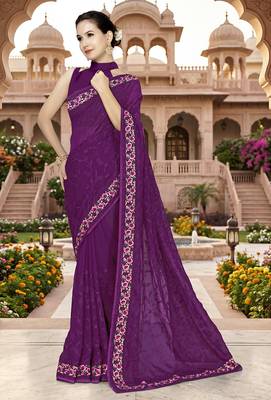 Designer wine heavy resham embroidery work georgette saree 3