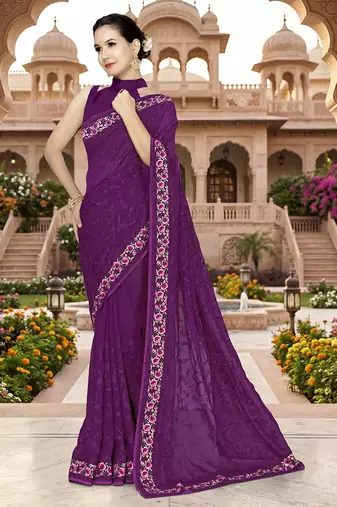 Designer wine heavy resham embroidery work georgette saree