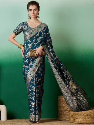 Teal ethnic motif zari woven kanjeevaram saree with blouse 5