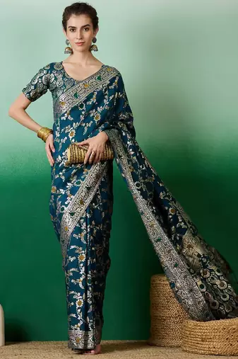 Teal ethnic motif zari woven kanjeevaram saree with blouse