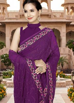 Designer wine heavy resham embroidery work georgette saree 4