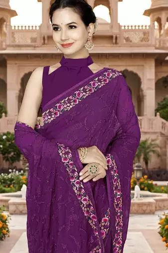 Designer wine heavy resham embroidery work georgette saree