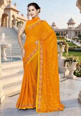 Designer mustard heavy resham embroidery work georgette saree 1