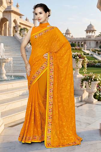 Designer mustard heavy resham embroidery work georgette saree