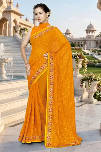Designer mustard heavy resham embroidery work georgette saree