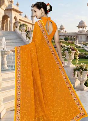 Designer mustard heavy resham embroidery work georgette saree 2