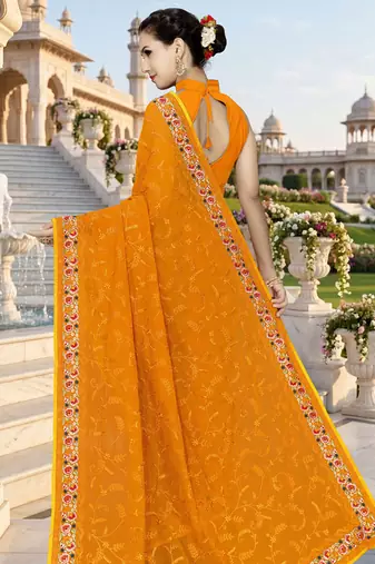 Designer mustard heavy resham embroidery work georgette saree
