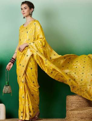 Yellow ethnic motif zari woven tassel detail kanjeevaram saree with blouse 1