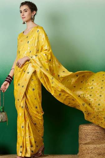 Yellow ethnic motif zari woven tassel detail kanjeevaram saree with blouse