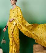 Yellow ethnic motif zari woven tassel detail kanjeevaram saree with blouse