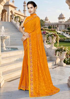 Designer mustard heavy resham embroidery work georgette saree 3