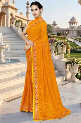 Designer mustard heavy resham embroidery work georgette saree