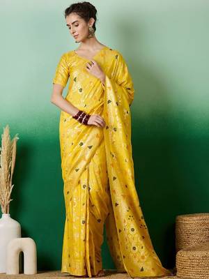 Yellow ethnic motif zari woven tassel detail kanjeevaram saree with blouse 2